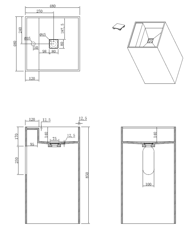 Раковина напольная 48х48 см ArmadiArt Cube Corian 802-GR